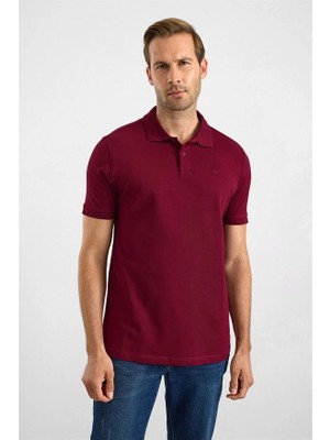 Süvari Koyu Bordo Slim Düz Nakışlı Pike Düğmeli Polo Yaka Tişört