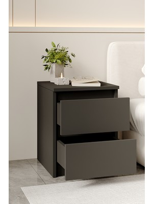 Aeka AE-2021 Duru Antrasit 2 Çekmeceli Komodin Yatak Odası Başucu Sehpası Çekmeceli Dolap 40×51X42,3 cm