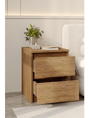 Aeka AE-2021 Duru Atlantik Çam 2 Çekmeceli Komodin Yatak Odası Başucu Sehpası Çekmeceli Dolap 40×51X42,3 cm