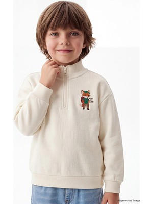 Lc Waikiki Yeni Sezon Bej Dik Yaka Baskılı Erkek Çocuk Sweatshirt
