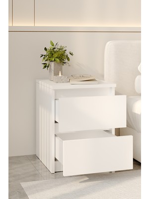 Aeka AE-2021 Duru Beyaz 2 Çekmeceli Komodin Yatak Odası Başucu Sehpası Çekmeceli Dolap 40×51X42,3 cm
