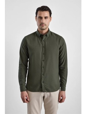 Süvari Koyu Yeşil Slim Düğmeli Yaka Düz Casual Gömlek