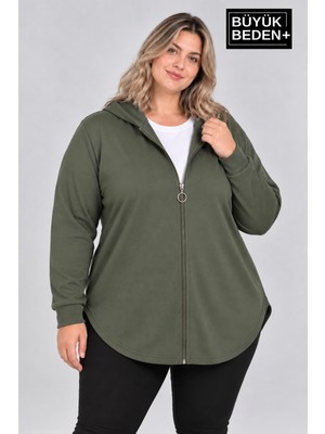 Limitless Wear Kadın Büyük Beden Fermuarlı Kapüşonlu Uzun Oval Etek Uçlu Hırka AFK26BHR93
