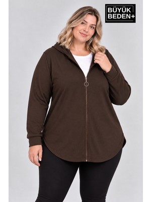 Limitless Wear Kadın Büyük Beden Fermuarlı Kapüşonlu Uzun Oval Etek Uçlu Hırka AFK26BHR93