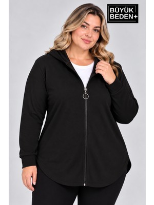 Limitless Wear Kadın Büyük Beden Fermuarlı Kapüşonlu Uzun Oval Etek Uçlu Hırka AFK26BHR93
