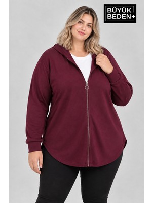 Limitless Wear Kadın Büyük Beden Fermuarlı Kapüşonlu Uzun Oval Etek Uçlu Hırka AFK26BHR93