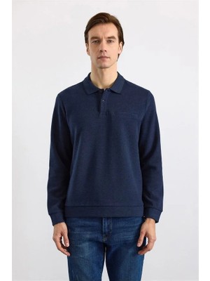Süvari Lacivert Regular Düz Polo Yaka Sweatshirt