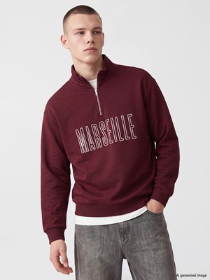 Lc Waikiki Yeni Sezon Bordo Dik Yaka Marseille Baskılı Erkek Kalın Sweatshirt