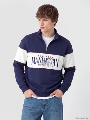 Lc Waikiki Yeni Sezon Lacivert Dik Yaka Manhattan Baskılı Erkek Kalın Sweatshirt