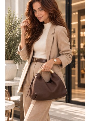 City Center Fashion Kadın Gold Halka Saplı Yumuşak Hobo Omuz Çantası CTY-LBN-1344