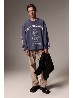 Grimelange Grateful Erkek Uzun Kollu Baskılı Mavi Sweatshirt