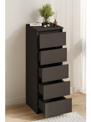 Aeka AE-3036 Defne Antrasit 5 Çekmeceli Dar Şifonyer Yatak Odası Çekmeceli Dolap Çok Amaçlı Düzenleyici 40×42×115 cm
