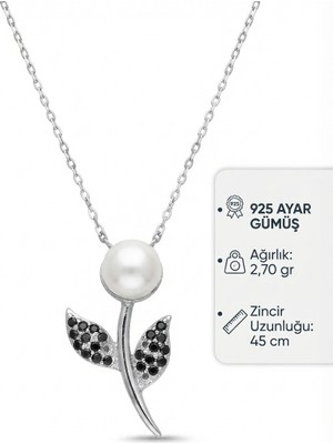 Fm Takı 925 Ayar Gümüş Inci ve Zirkon Taşlı Lale Model Kadın Hayalet Kolye (2.70 gr / 45 Cm)