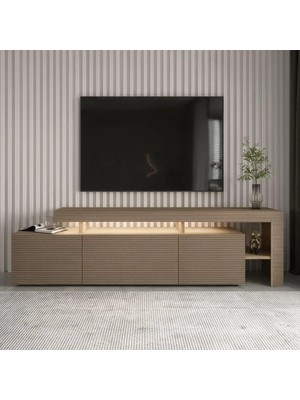 İnarch Dizayn Beliz Modern LED Işıklı 3 Kapaklı, Raflı Tv Sehpası – 192 cm, Sıcak Meşe/Safir Meşe