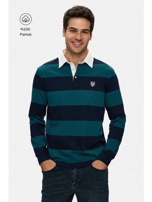 Ucla RUGBY Koyu Yeşil Nakışlı %100 Pamuk Polo Yaka Çizgili Standard Fit Erkek Sweatshirt