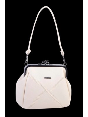 Nas Bag Mini Vintage Burslu Klipsli Kadın Omuz ve Çapraz Çanta Krem Victoria ( 20X17 Cm)