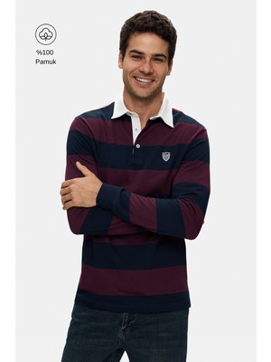 Ucla RUGBY Bordo Nakışlı %100 Pamuk Polo Yaka Çizgili Standard Fit Erkek Sweatshirt
