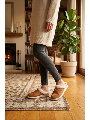 Relaxa Kadın Ev Gün Terliği, Yumuşak,kürklü,yumuşak Tabanlı, Şık Terlik Camel