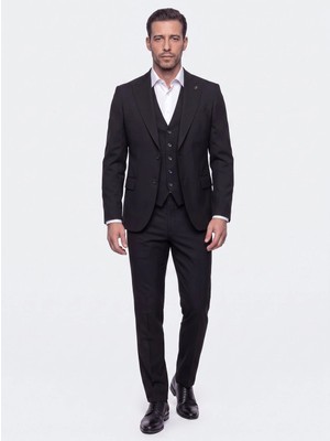 White Stone Siyah Sivri Yaka 6 Drop Regular Fit Yelekli Erkek Takım Elbise