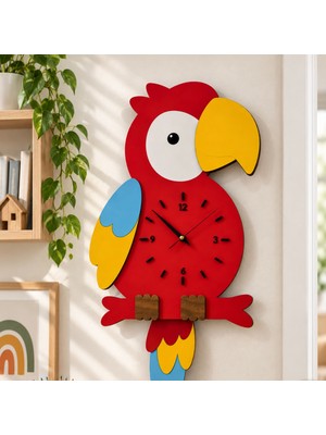 Algwood Papağan Duvar Saati 52X28 cm Hareketli Sarkaçlı Sesli Tik Tak Mdf Dekoratif Çocuk Odası Saati