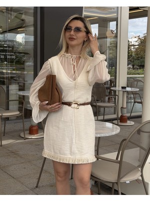 Harmony Fashion Ekru Dokulu Püskül Detaylı Mini Elbise