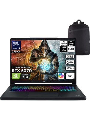 MSI Msı Crosshaır 16 Max Hx Ultra 9-275HX 64-Gbddr5 1 Tbssd RTX5070 (12 GB-GDDR7-115W) 16" OLED Windows 11 Home + Qb Sırt Çantası E2WGXK-043TRQB2