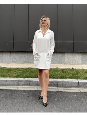 Harmony Fashion Ekru Cep Detaylı Kadın Elbise