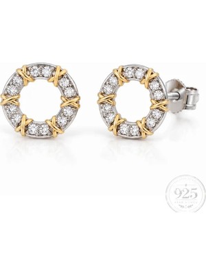 Servi 925 Ayar Gümüş Golden Stitch Zirkon Taşlı Iki Renkli Halka Küpe