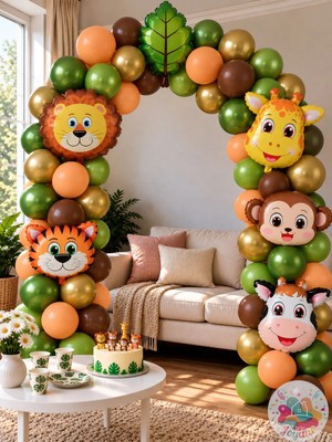 Joyane Safari Temalı Doğum Günü Balon Seti 6'lı Hayvan Folyo Balon 25'li Metalik Pastel Balon Seti