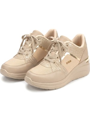 Zerenyus Geja Premium Bej Bağcıklı 5 cm Dolgu Kalın Topuk Bağcıklı Kadın Sneaker