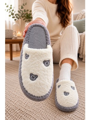 Albishoes Kadın Ayıcık Desenli Pofuduk Sıcacık Taban Kışlık Ev Terlik Misafir Ev Bohça Ev Terlik