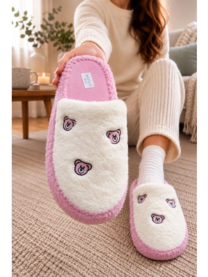 Albishoes Kadın Ayıcık Desenli Pofuduk Sıcacık Taban Kışlık Ev Terlik Misafir Ev Bohça Ev Terlik