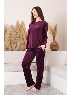 Alimer Kışlık Uzun Kol Kadife Cepli Pijama Takımı-Kadın Mürdüm Bisiklet Yaka Düğmesiz Ipeksi Yumuşak Velvet