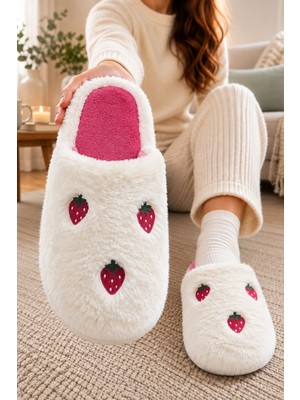 Albishoes Kadın Çilek Desenli Pofuduk Sıcacık Taban Kışlık Ev Terlik Misafir Ev Bohça Ev Terlik