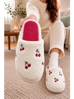 Albishoes Kadın Kiraz Desenli Pofuduk Sıcacık Taban Kışlık Ev Terlik Misafir Ev Bohça Ev Terlik