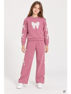 Cansın Mini Pembe Kız Çocuk Kelebek Nakışlı Şardonlu Eşofman Takımı  24976
