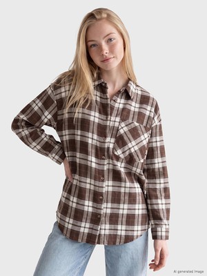 Lc Waikiki Yeni Sezon Kahverengi Ekose Oversize Kadın Oduncu Gömlek