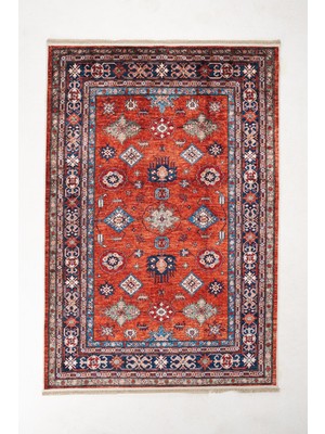 Efta Halı 4 M2 (160X230 Cm) Dijital Baskı Halı Vintage Serisi 2 Kırmızı Çerçeveli Desen Makinede Yıkanabilir Kaymaz Deri Tabanlı