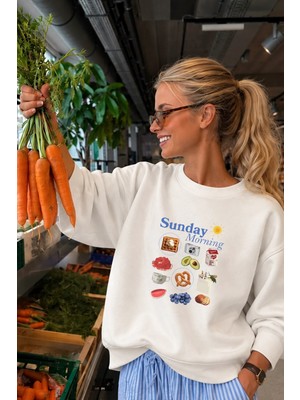 Monila Kadın Premium Kumaş 3 Iplik Şardonlu Sunday Baskılı Sweatshirt