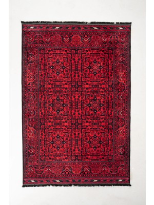 Efta Halı 4 M2 (160X230 Cm) Dijital Baskı Halı Afgan Serisi A1 Kırmızı Etnik Desen Makinede Yıkanabilir Kaymaz Deri Tabanlı