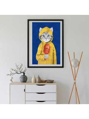 Çılgıntrend Sarı Yağmurluklu Kedi Temalı Dekoratif Tablo Sök Tak Çerçeve