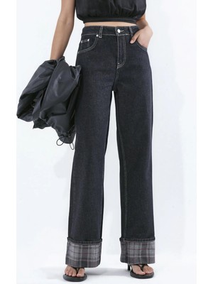 Hiccup Kadınlar Paça Ekose Detaylı Yüksek Bel Wide Leg Jeans Siyah