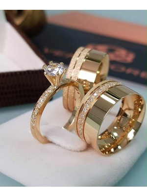 Alyans Model Zarif Işıltı Gold Alyans & Tektaş Seti