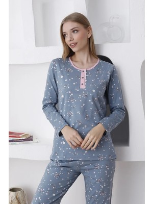 Alimer Kadın %100 Pamuk Mevsimlik Uzun Kol Cepli Pijama Takımı-3 Düğmeli Homewear