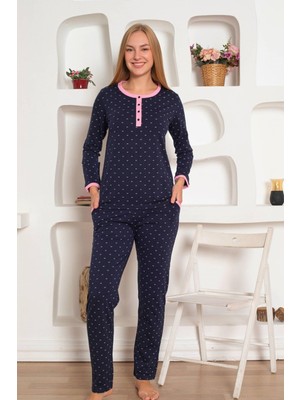 Alimer Kadın %100 Pamuk Mevsimlik Uzun Kol Cepli Pijama Takımı-3 Düğmeli Homewear