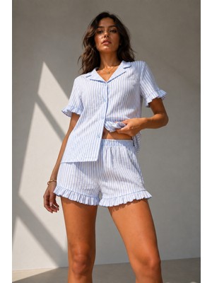 Kadın Süprem Gömlek Şort Düğme Mavi Pijama Takımı
