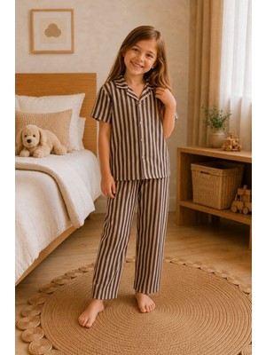 Kız Çocuk Çizgili Gecelik Kahve Pijama Takımı