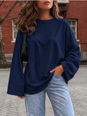 Öz Pamuk Kadın Soft  Bisiklet Yaka Oversize Içi Polarlı Uzun Geniş Kollu Sweatshirt