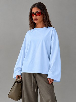 Öz Pamuk Kadın Soft  Bisiklet Yaka Oversize Içi Polarlı Uzun Geniş Kollu Sweatshirt
