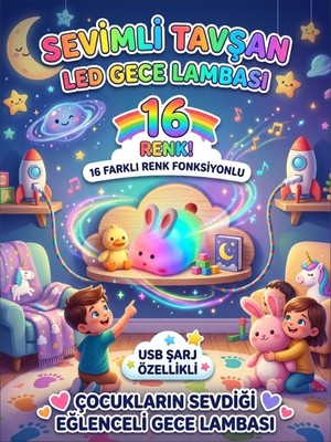 Sevimli Tavşan LED Işıklı Gece Lambası 16 Renkli Fonksiyonlu